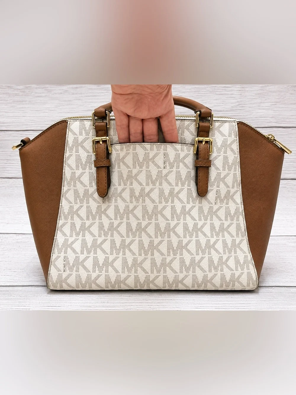Michael Kors Signature MK Satchel Cream Brown Leather Crossbody